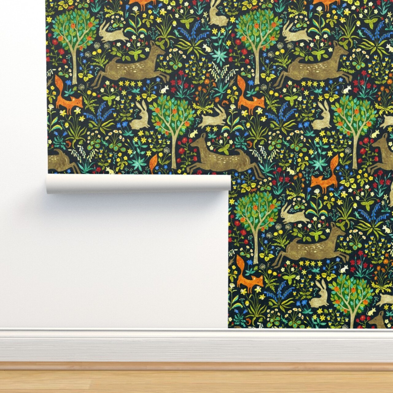 Medieval Animals Vintage Look Woodland Deer Fox Forest Wildflowers Custom Removable Wallpaper by Spoonflower Peel & Stick Wallpaper 2FT Wide